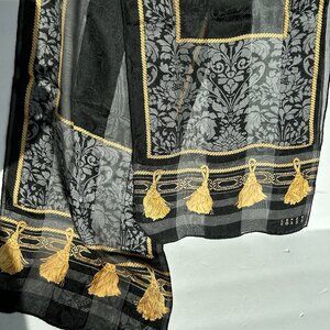 Liz Claiborne "Crazy Horse" Vintage Black & Gold Chain Print Oblong Silk Scarf